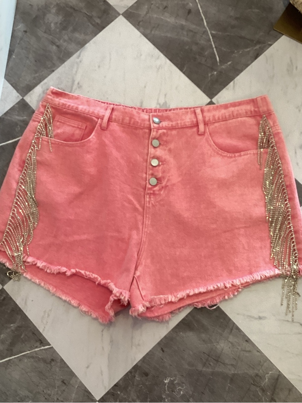 153 Savanna Jane Coral Pink Denim Shorts with Gold Chain Fringe